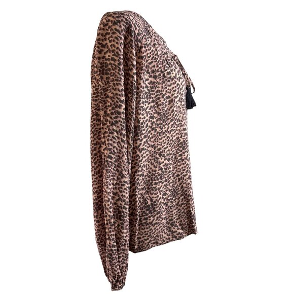 Kachel X Anthropologie Blouse Size 8 Animal Print Keyhole Tassel Smocked Long Sl - Picture 8 of 11